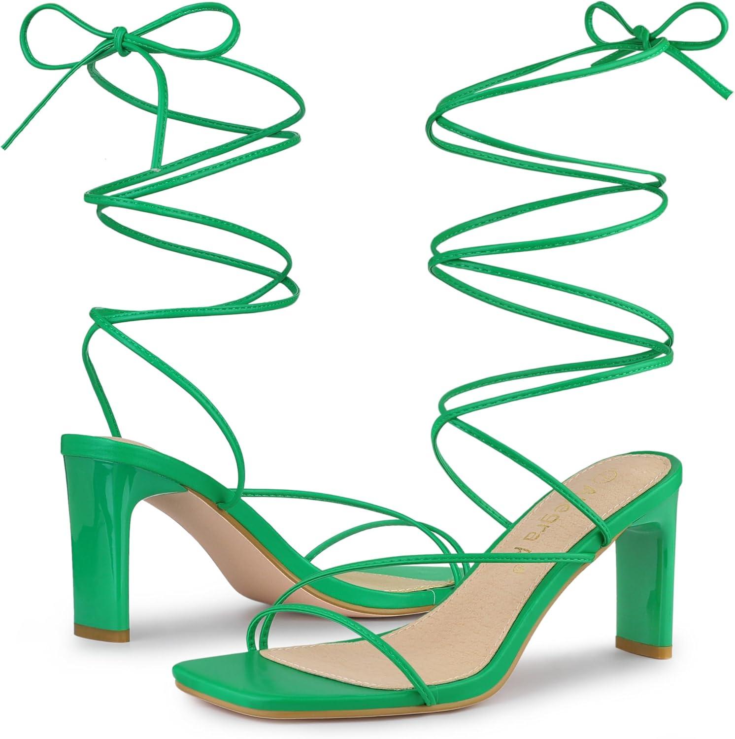 imageAllegra K Womens Lace Up Strappy Block High Heel SandalsGreen