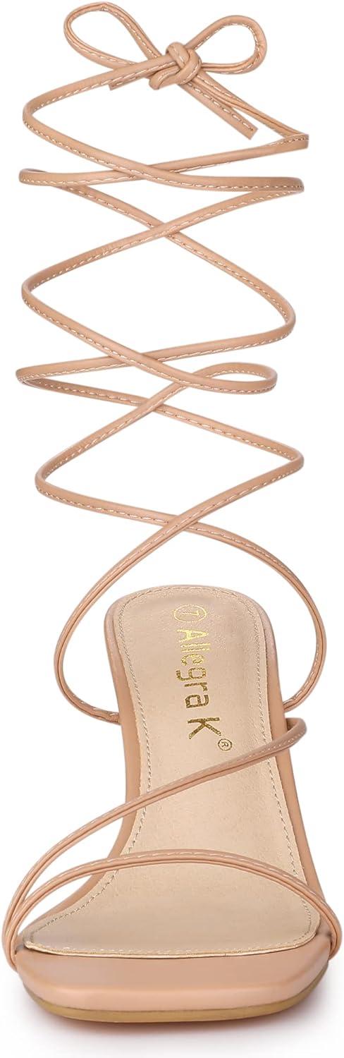 imageAllegra K Womens Lace Up Strappy Block High Heel SandalsNude