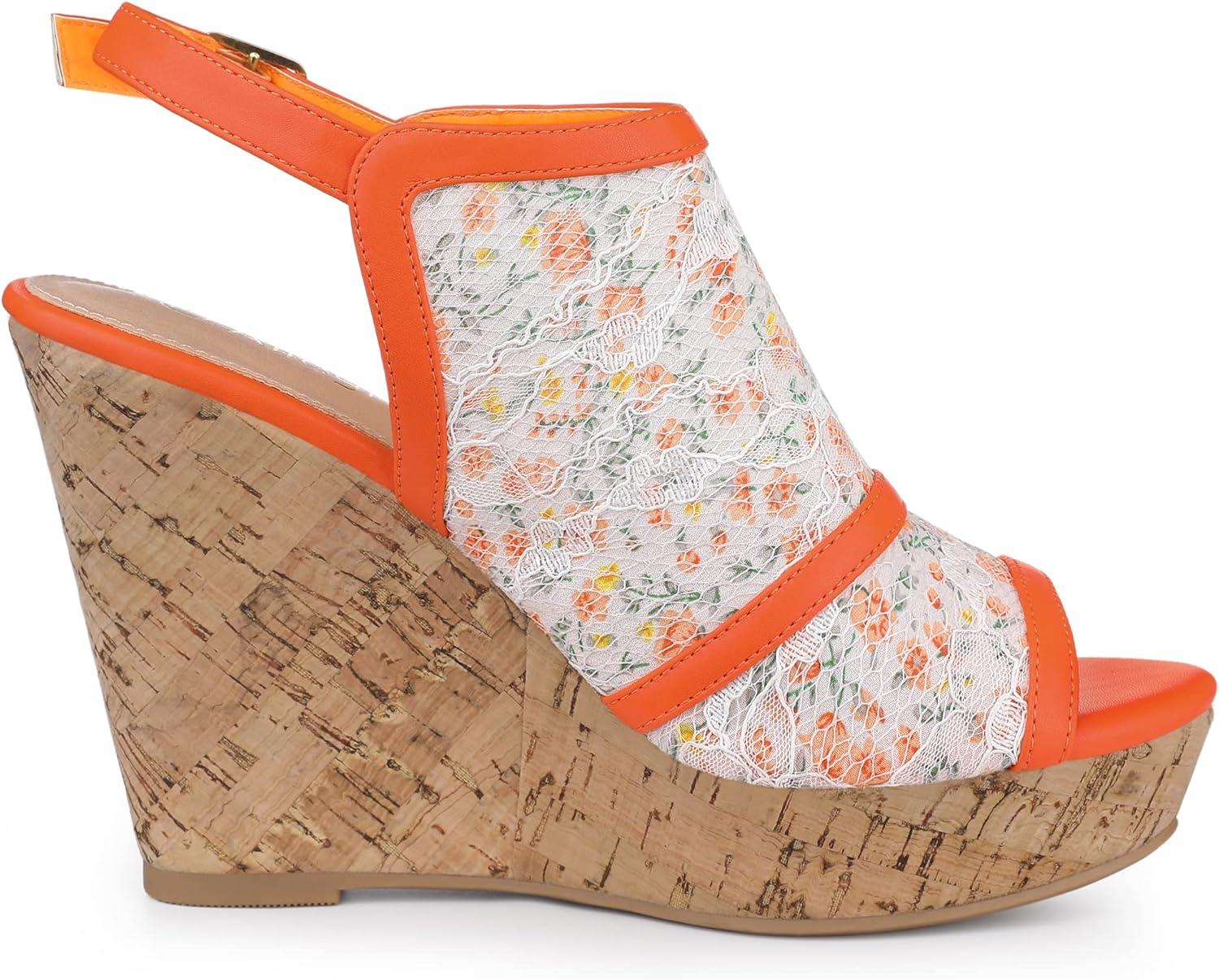 imageAllegra K Womens Open Toe Platform Heel Lace Wedges SandalsOrange Flower