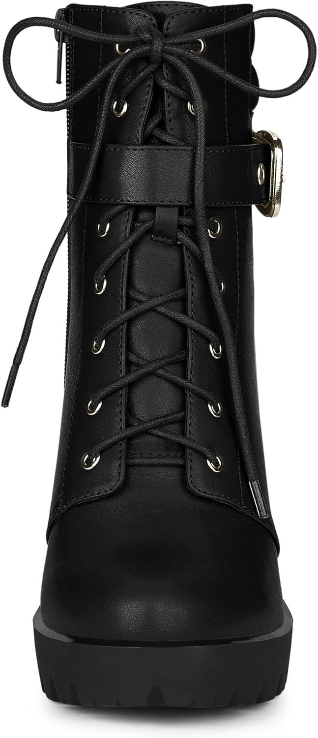 imageAllegra K Womens Platform Ankle Boots Lace Up Block Heels Combat BootsBlack