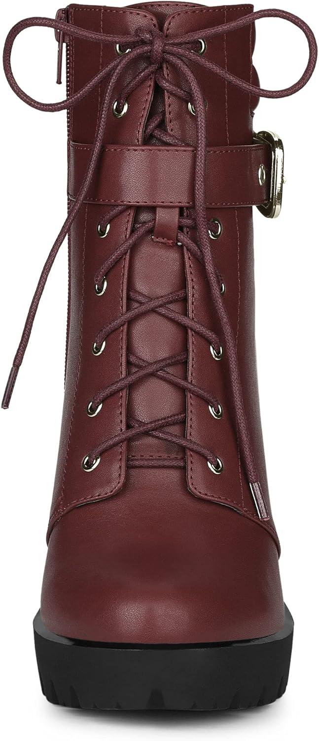 imageAllegra K Womens Platform Ankle Boots Lace Up Block Heels Combat BootsBurgundy