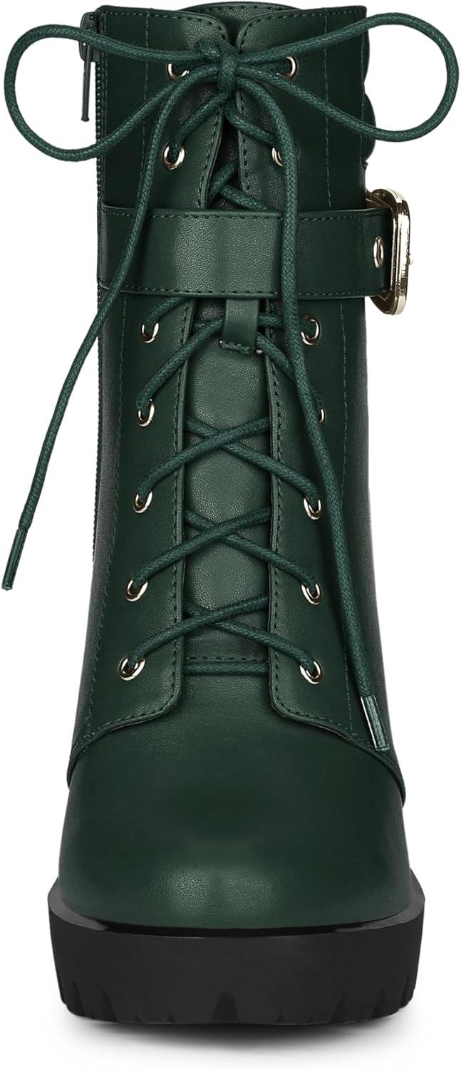imageAllegra K Womens Platform Ankle Boots Lace Up Block Heels Combat BootsDark Green