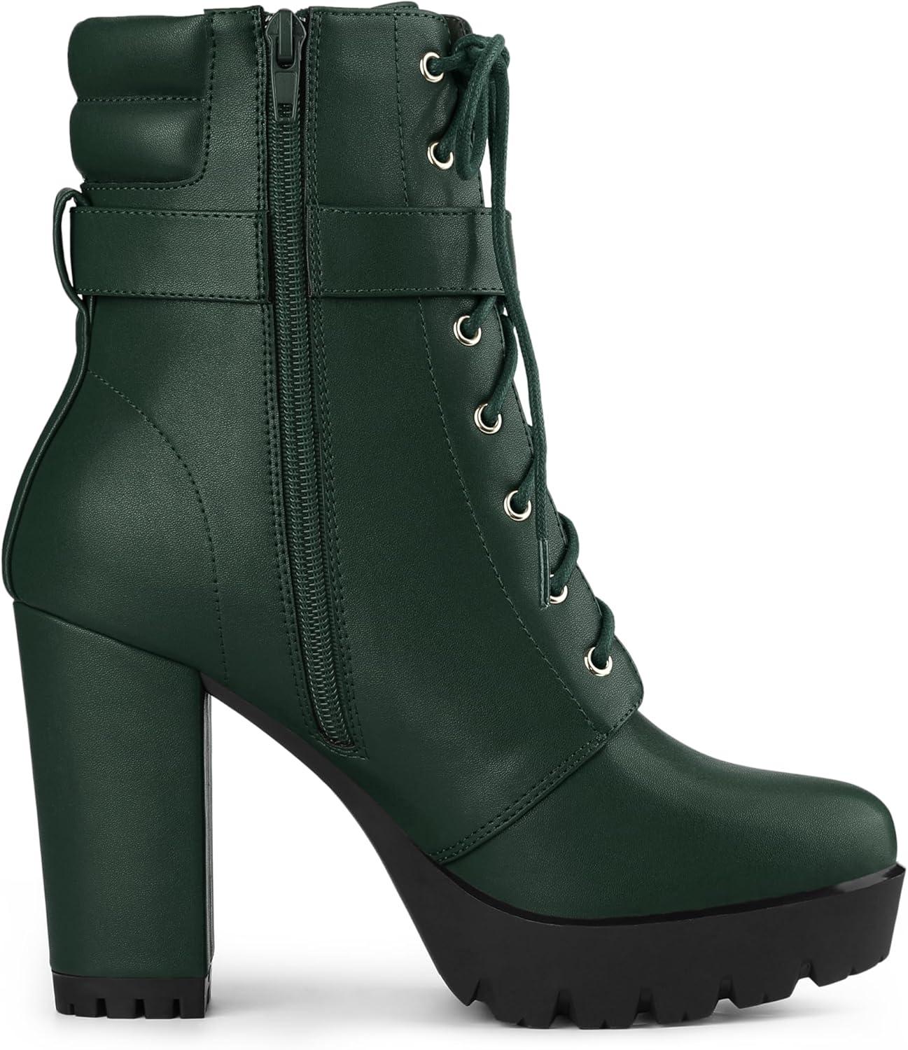 imageAllegra K Womens Platform Ankle Boots Lace Up Block Heels Combat BootsDark Green