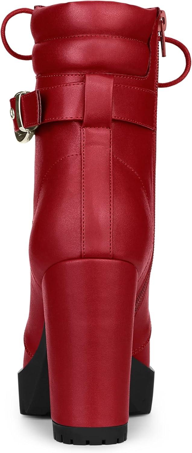 imageAllegra K Womens Platform Ankle Boots Lace Up Block Heels Combat BootsRed