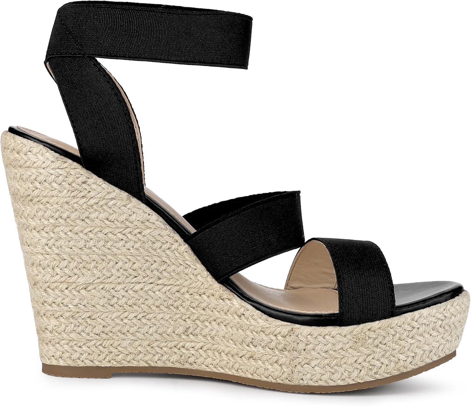 imageAllegra K Womens Platform Ankle Elastic Straps Espadrilles Wedge SandalsBlack