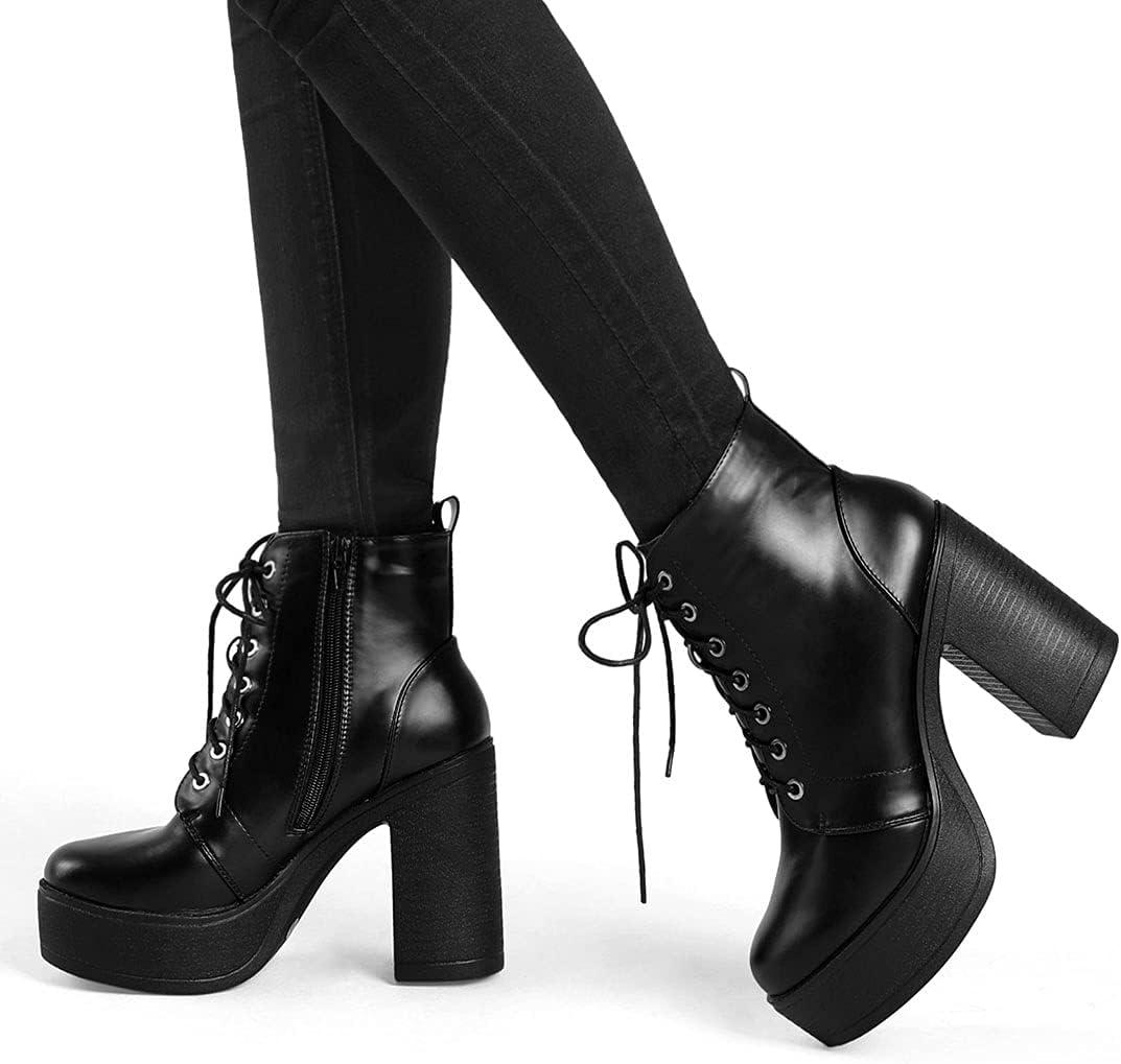 imageAllegra K Womens Platform Chunky High Heel Lace Up Combat BootsBlack