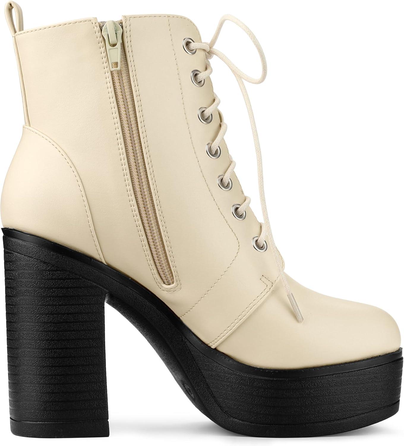 imageAllegra K Womens Platform Chunky High Heel Lace Up Combat BootsCream