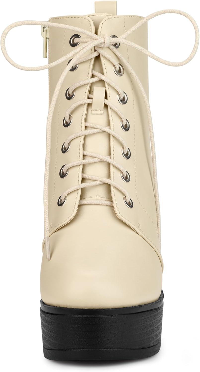 imageAllegra K Womens Platform Chunky High Heel Lace Up Combat BootsCream