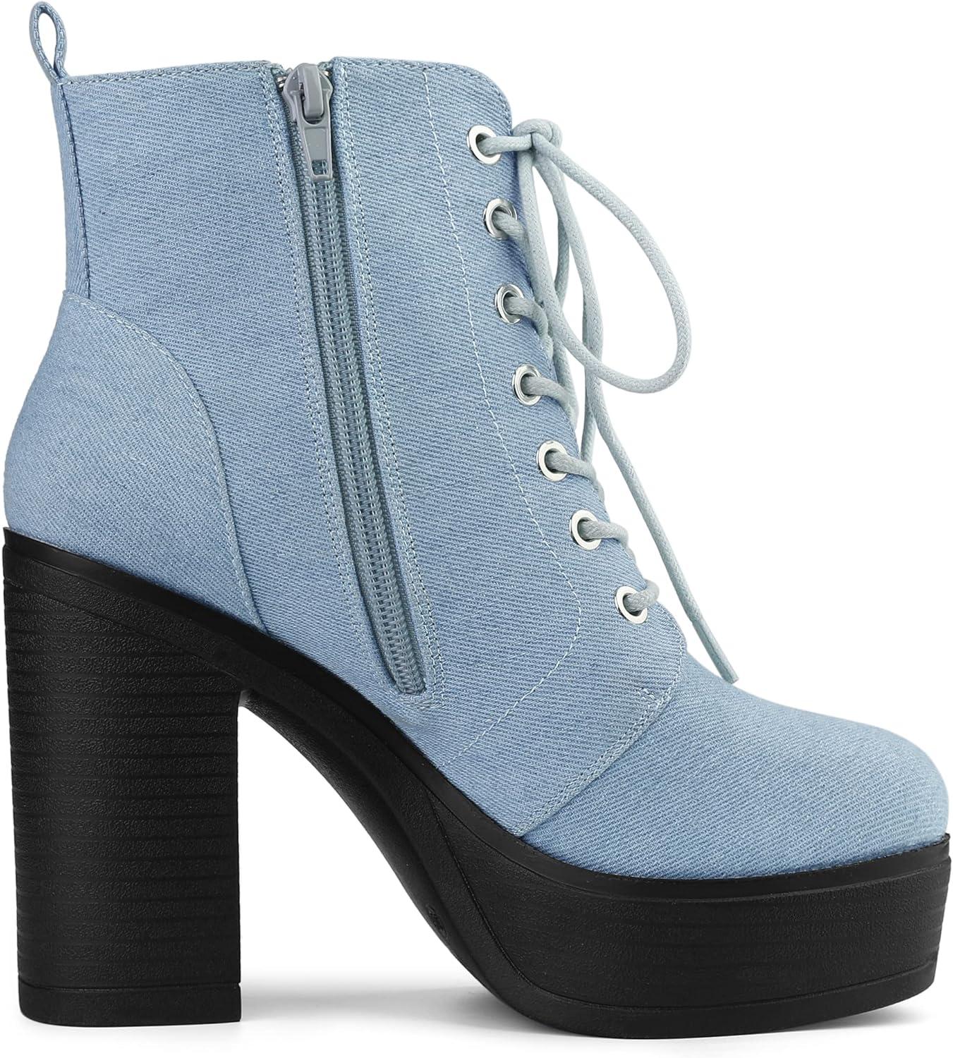 imageAllegra K Womens Platform Chunky High Heel Lace Up Combat BootsDenim Blue