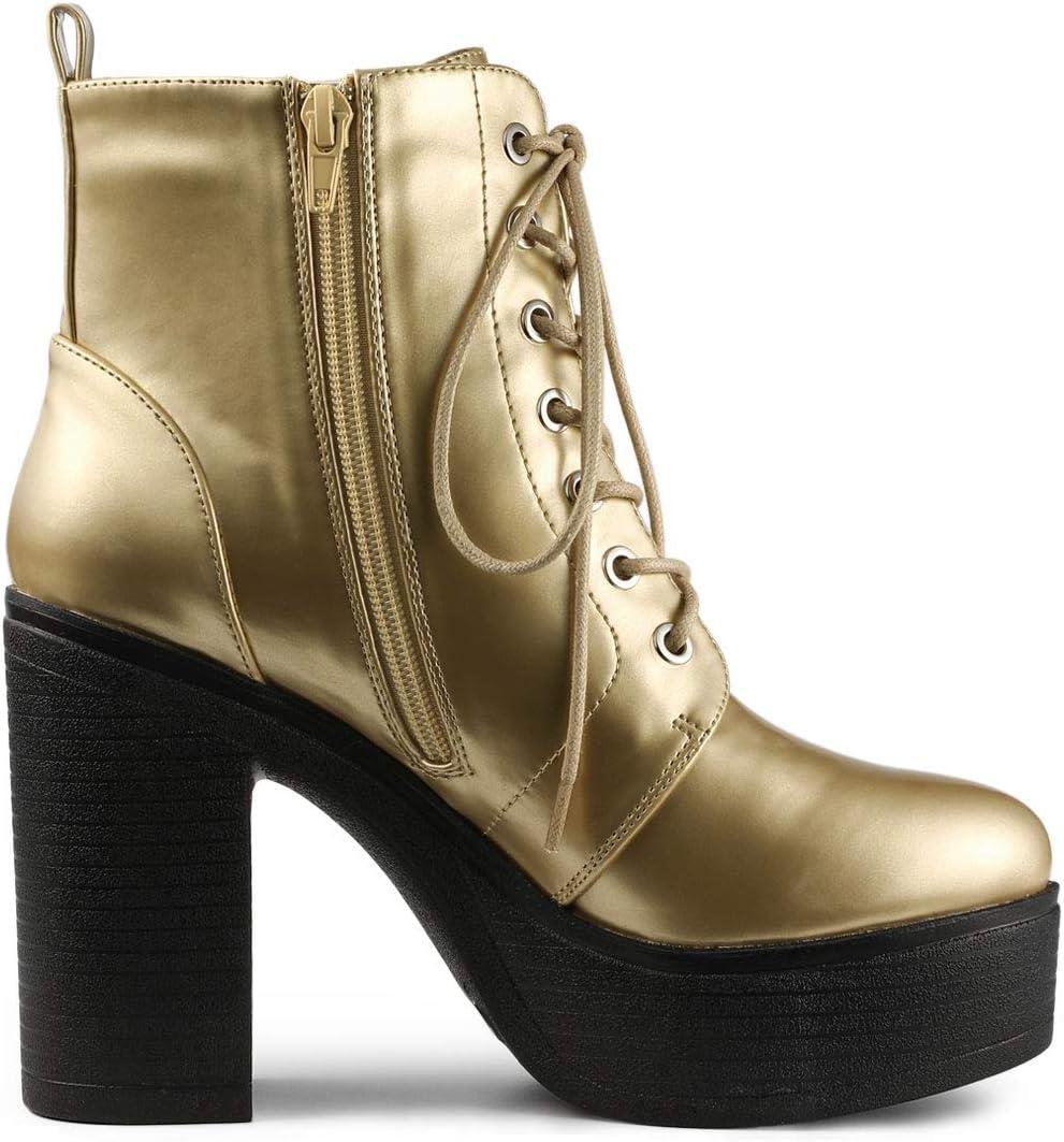 imageAllegra K Womens Platform Chunky High Heel Lace Up Combat BootsGold
