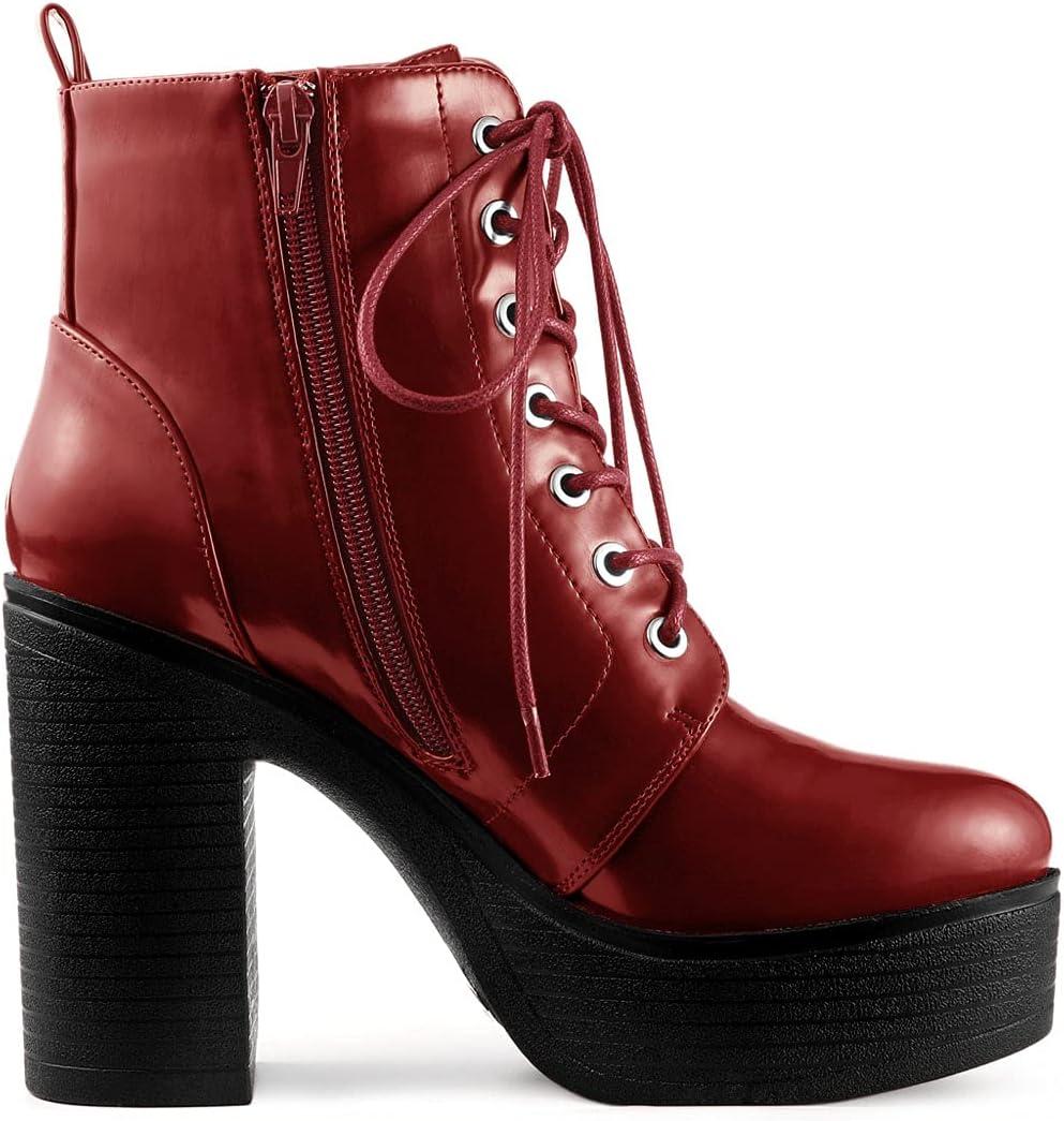 imageAllegra K Womens Platform Chunky High Heel Lace Up Combat BootsRed