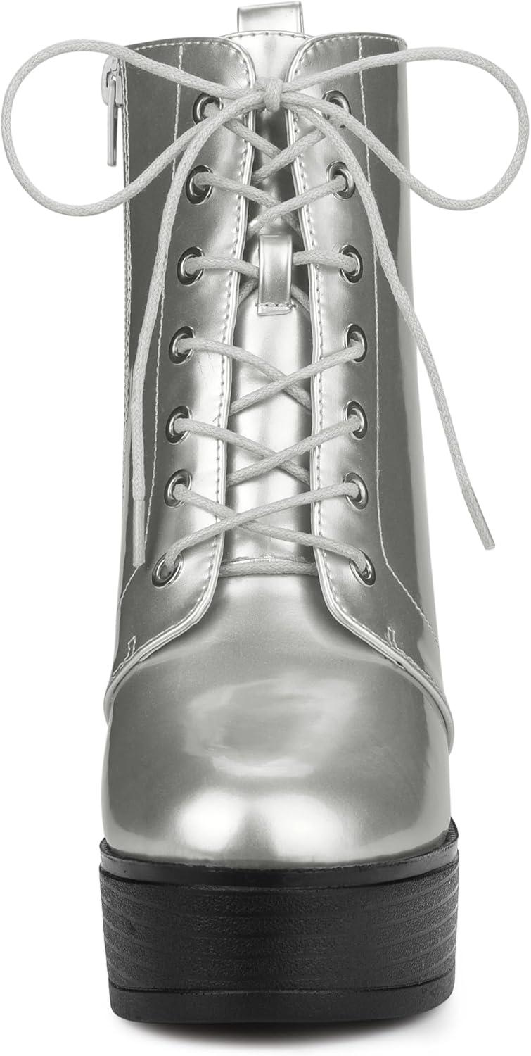 imageAllegra K Womens Platform Chunky High Heel Lace Up Combat BootsSilver