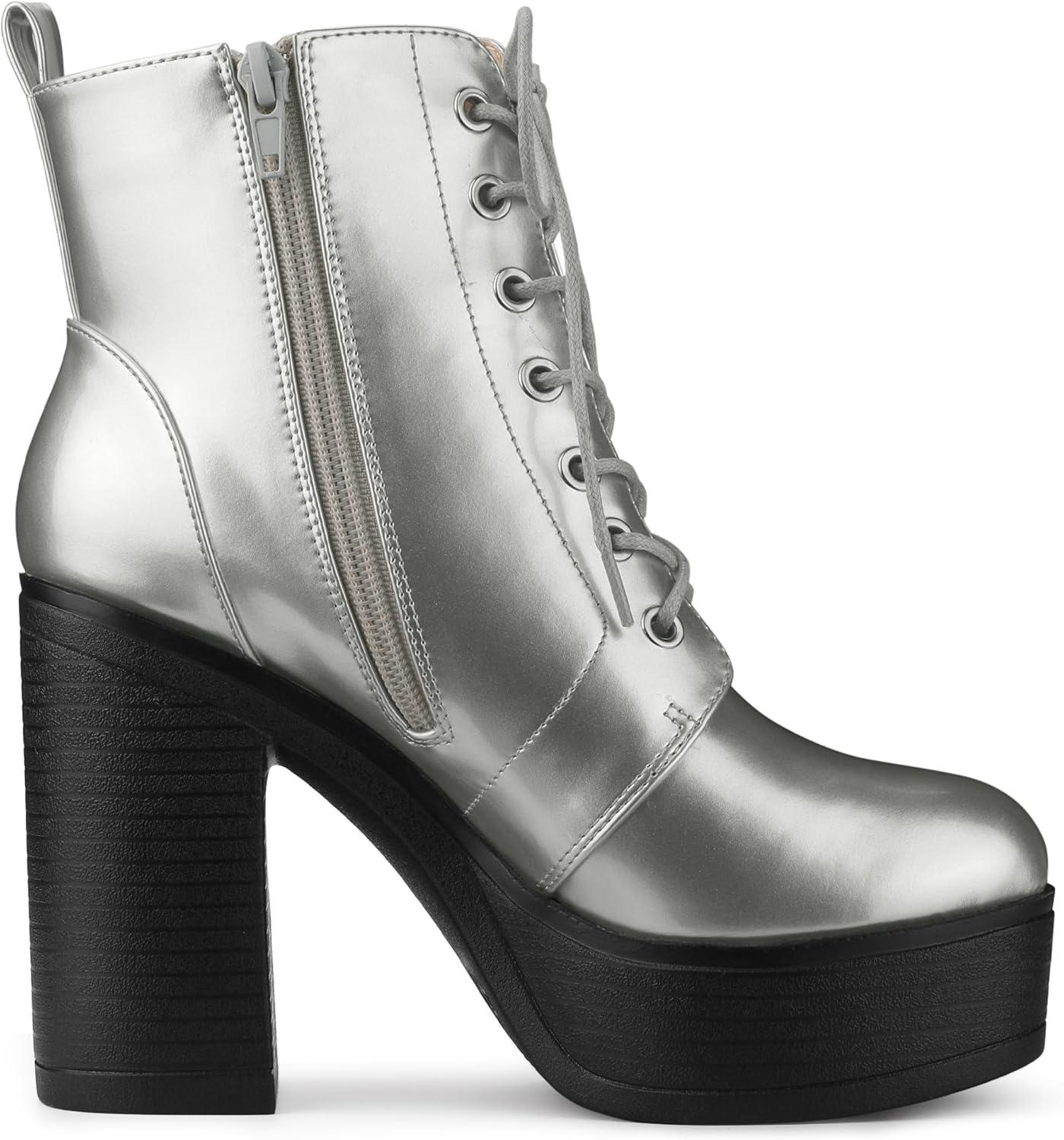 imageAllegra K Womens Platform Chunky High Heel Lace Up Combat BootsSilver