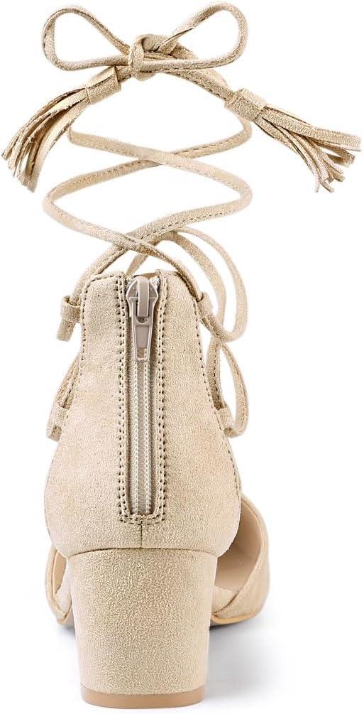 imageAllegra K Womens Pointed Toe Block Heels Lace Up PumpsBeige