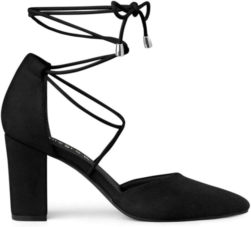 imageAllegra K Womens Pointed Toe Chunky Heels Lace Up Sandals PumpsBlack