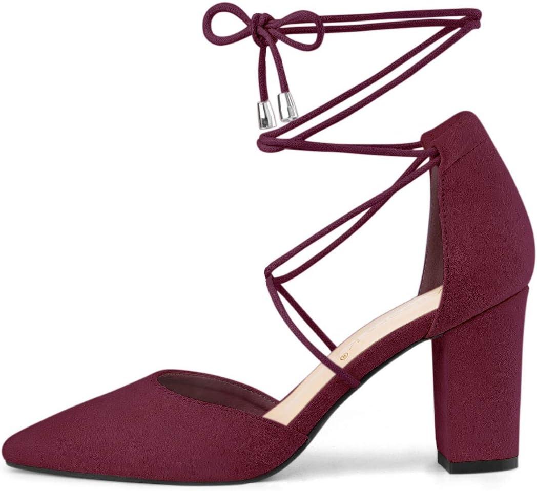 imageAllegra K Womens Pointed Toe Chunky Heels Lace Up Sandals PumpsBurgundy