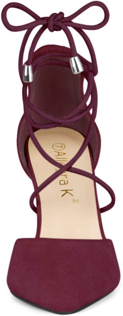 imageAllegra K Womens Pointed Toe Chunky Heels Lace Up Sandals PumpsBurgundy