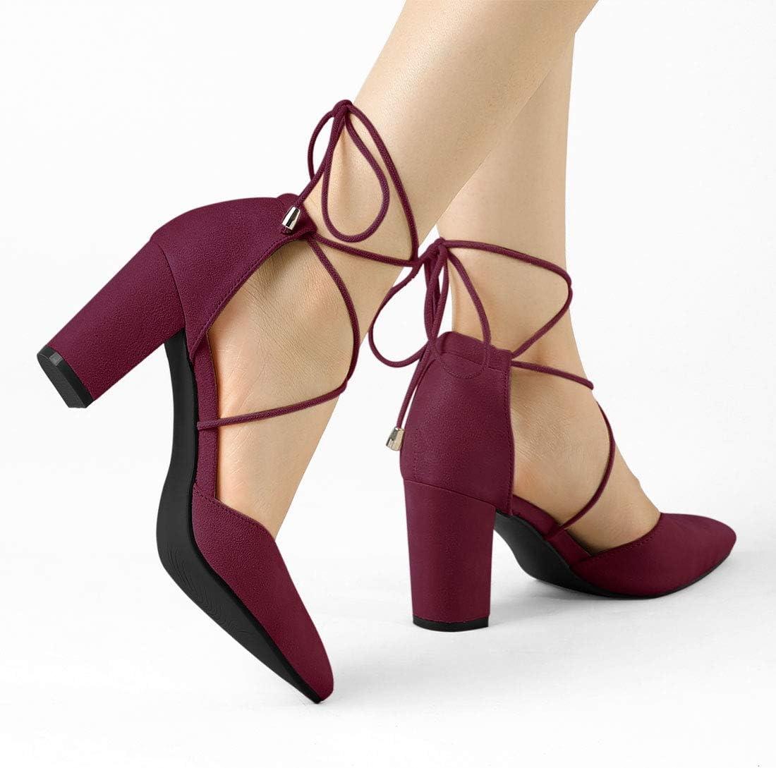imageAllegra K Womens Pointed Toe Chunky Heels Lace Up Sandals PumpsBurgundy