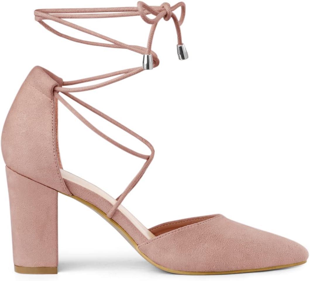 imageAllegra K Womens Pointed Toe Chunky Heels Lace Up Sandals PumpsDust Pink