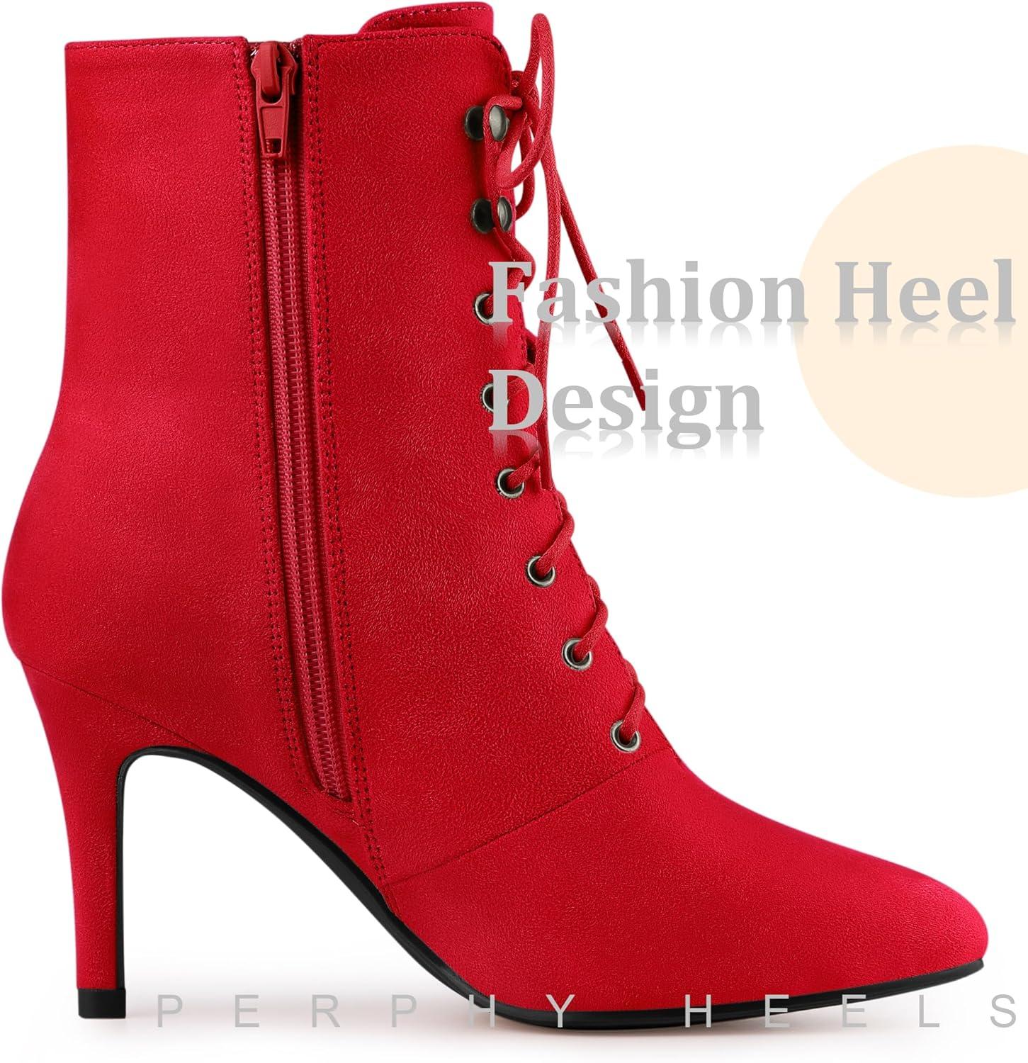 imageAllegra K Womens Pointy Toe Zip Lace Up Stiletto Heel Ankle BootsDark Red