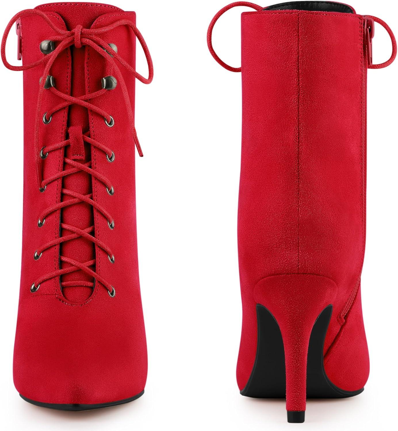 imageAllegra K Womens Pointy Toe Zip Lace Up Stiletto Heel Ankle BootsDark Red