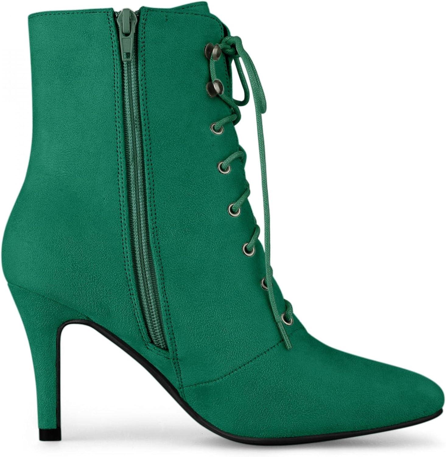 imageAllegra K Womens Pointy Toe Zip Lace Up Stiletto Heel Ankle BootsEmerald Green