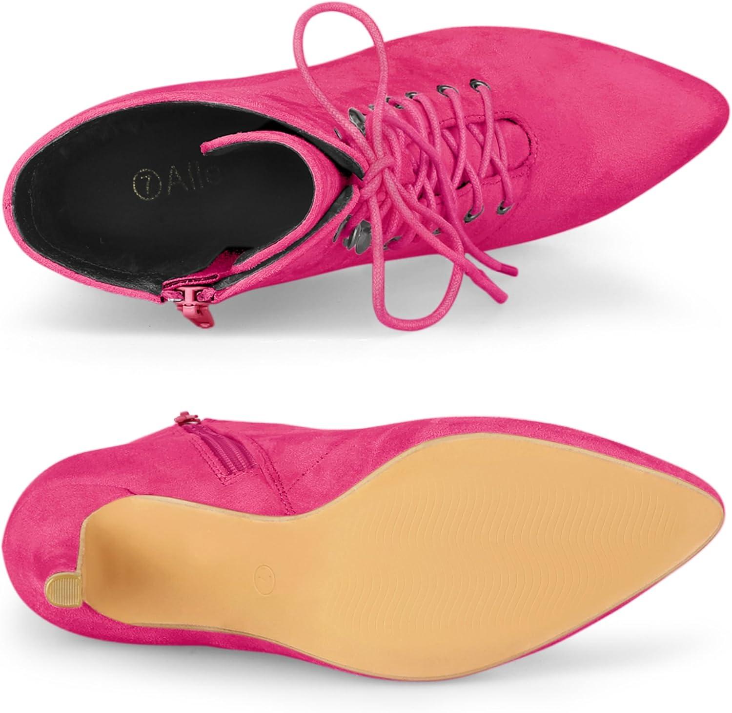 imageAllegra K Womens Pointy Toe Zip Lace Up Stiletto Heel Ankle BootsHot Pink