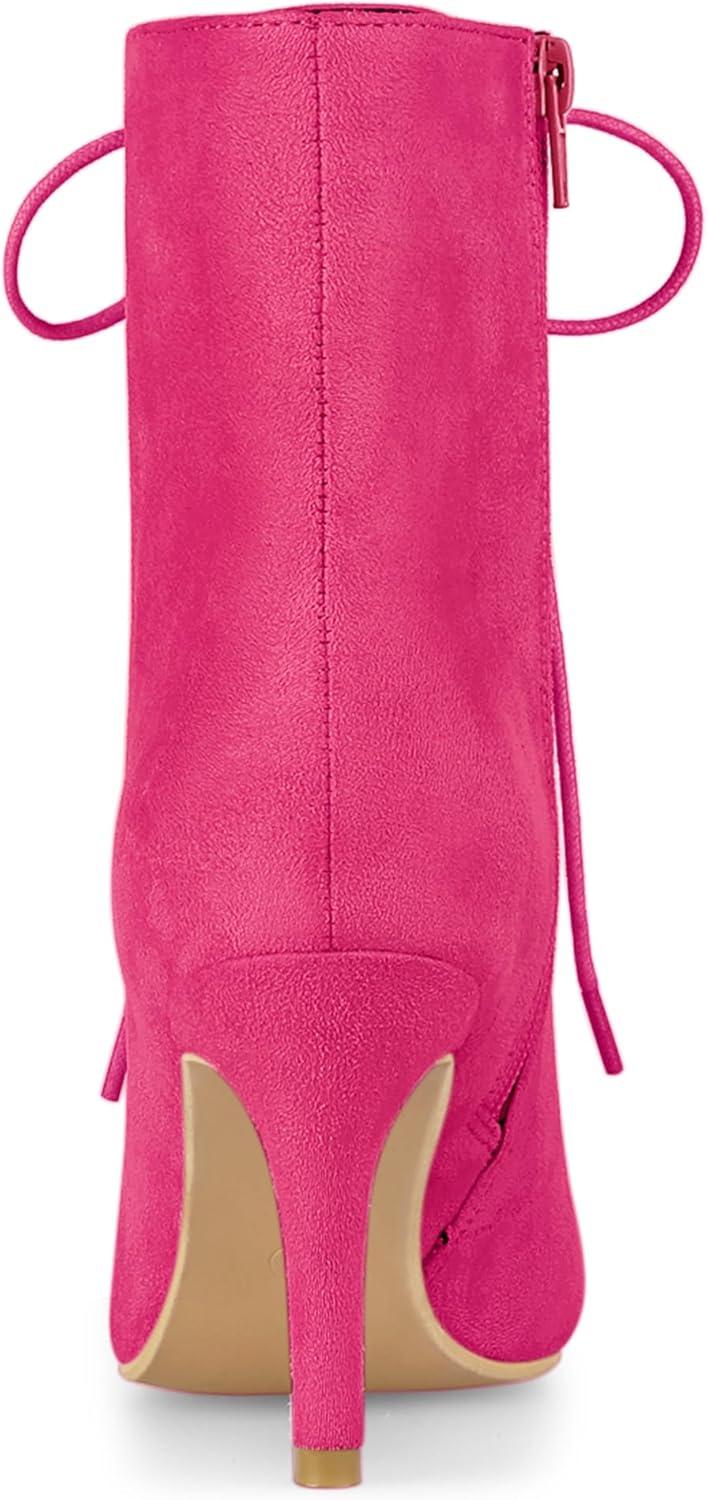 imageAllegra K Womens Pointy Toe Zip Lace Up Stiletto Heel Ankle BootsHot Pink