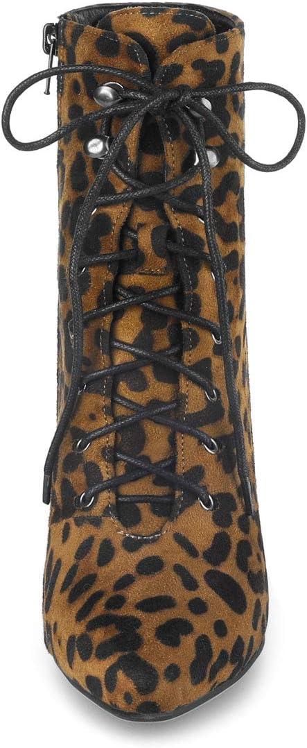 imageAllegra K Womens Pointy Toe Zip Lace Up Stiletto Heel Ankle BootsLeopard