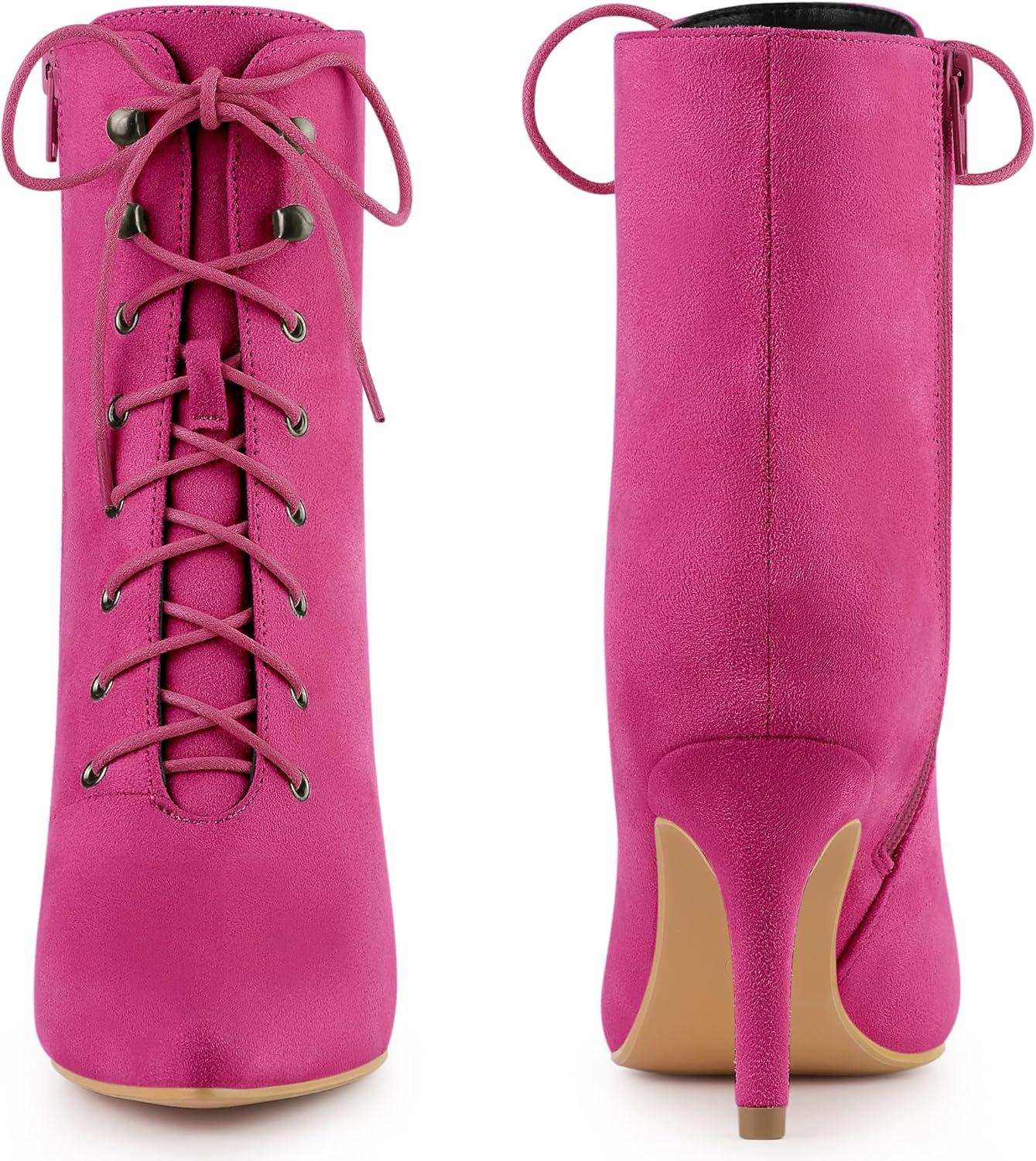 imageAllegra K Womens Pointy Toe Zip Lace Up Stiletto Heel Ankle BootsPlum Purple