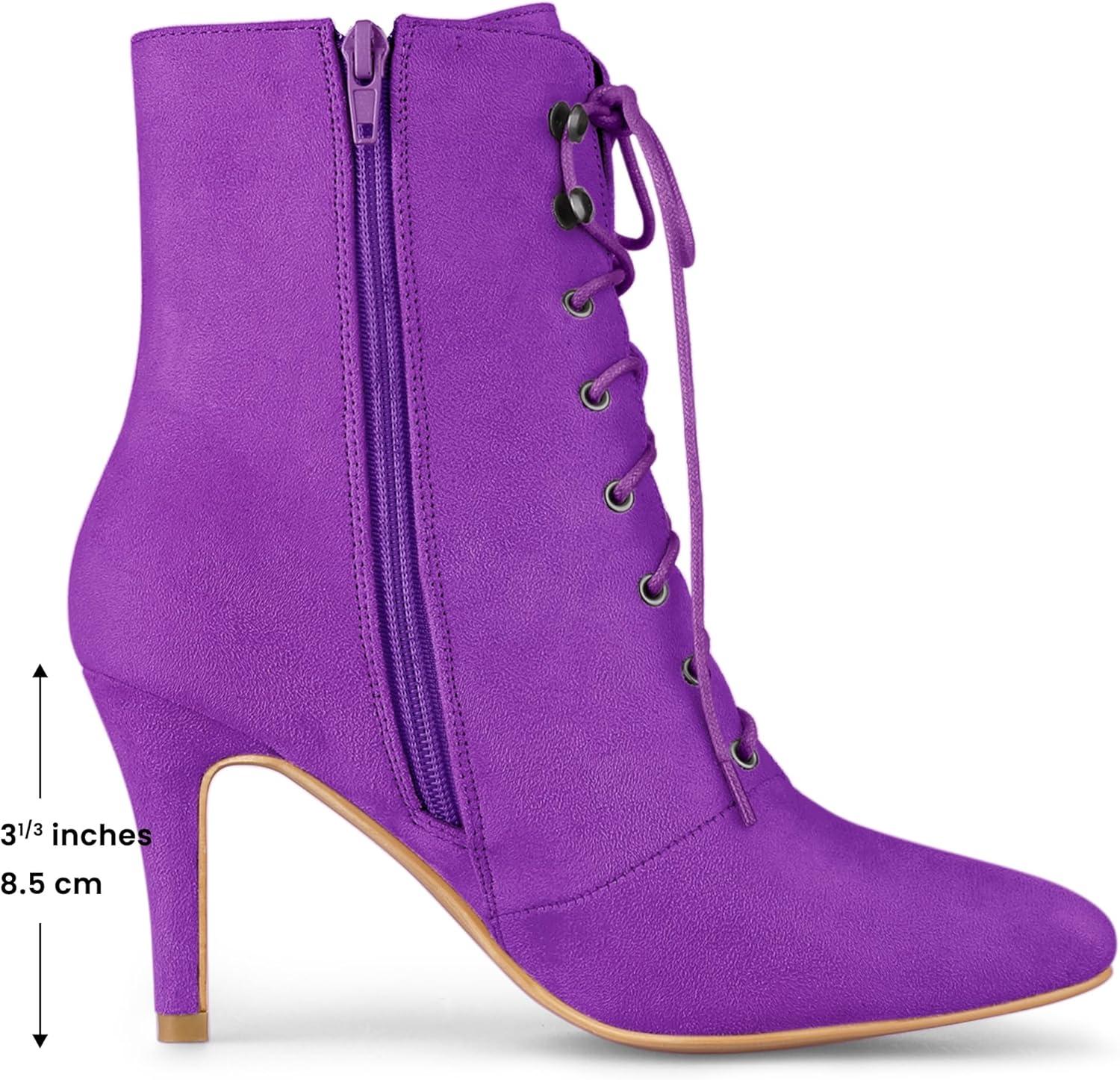 imageAllegra K Womens Pointy Toe Zip Lace Up Stiletto Heel Ankle BootsPurple