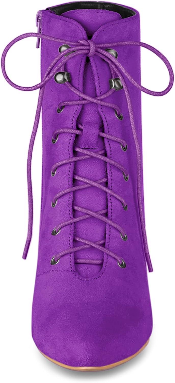 imageAllegra K Womens Pointy Toe Zip Lace Up Stiletto Heel Ankle BootsPurple