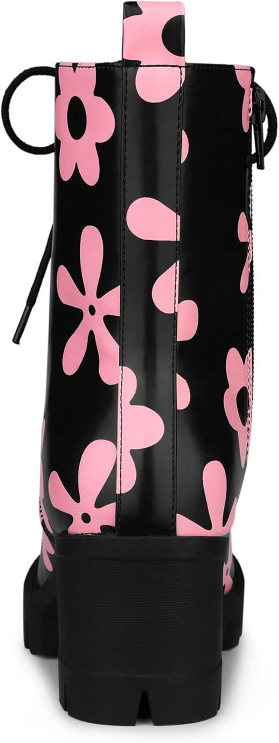 imageAllegra K Womens Printed Platform Round Toe Lace Up Chunky Heel Combat BootsBlack Pink