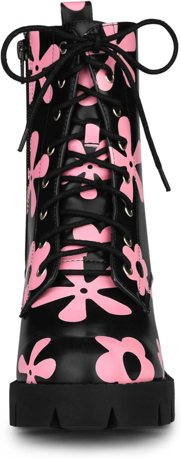 imageAllegra K Womens Printed Platform Round Toe Lace Up Chunky Heel Combat BootsBlack Pink