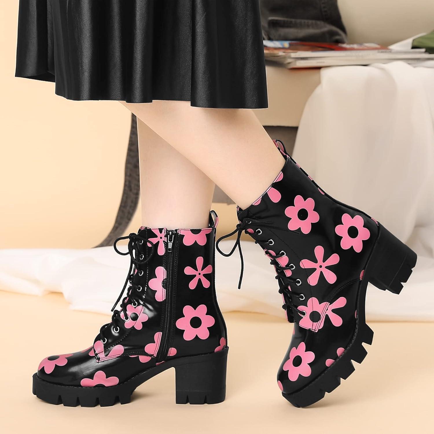 imageAllegra K Womens Printed Platform Round Toe Lace Up Chunky Heel Combat BootsBlack Pink