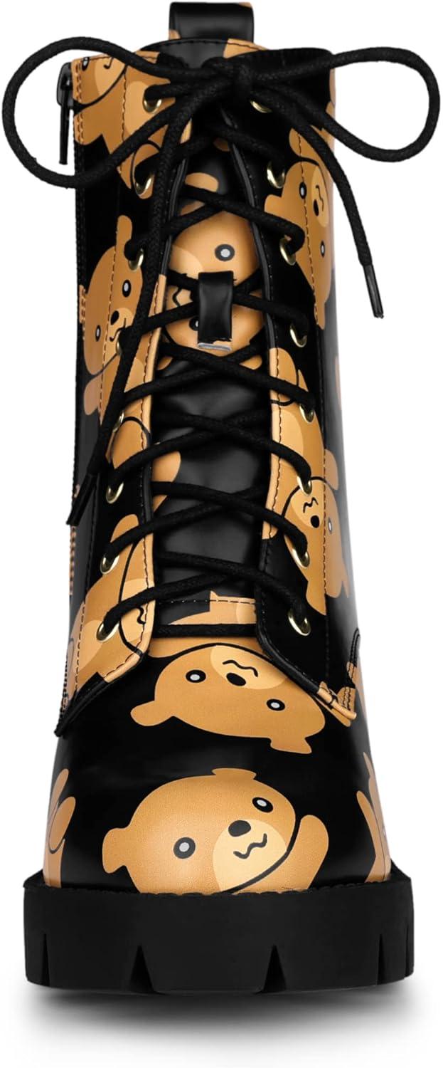 imageAllegra K Womens Printed Platform Round Toe Lace Up Chunky Heel Combat BootsBrown Black