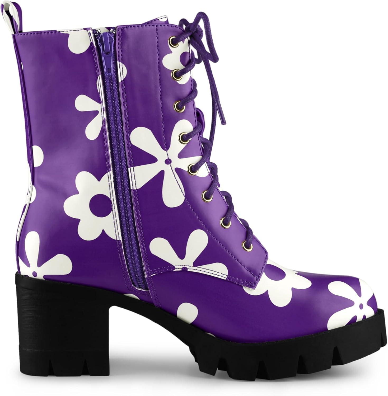 imageAllegra K Womens Printed Platform Round Toe Lace Up Chunky Heel Combat BootsPurple