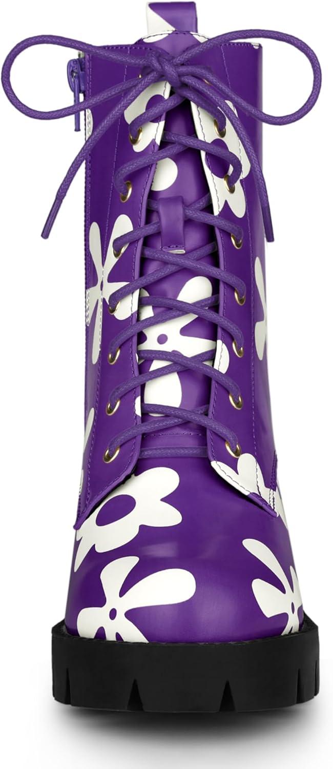 imageAllegra K Womens Printed Platform Round Toe Lace Up Chunky Heel Combat BootsPurple