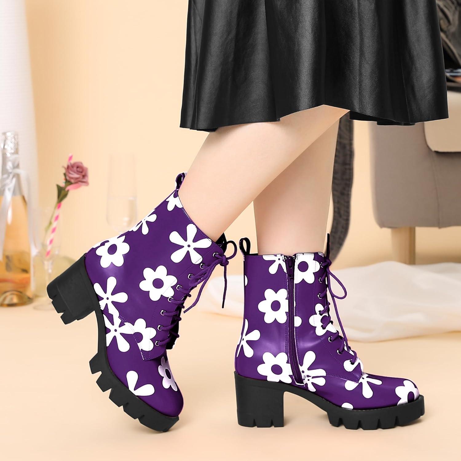 imageAllegra K Womens Printed Platform Round Toe Lace Up Chunky Heel Combat BootsPurple