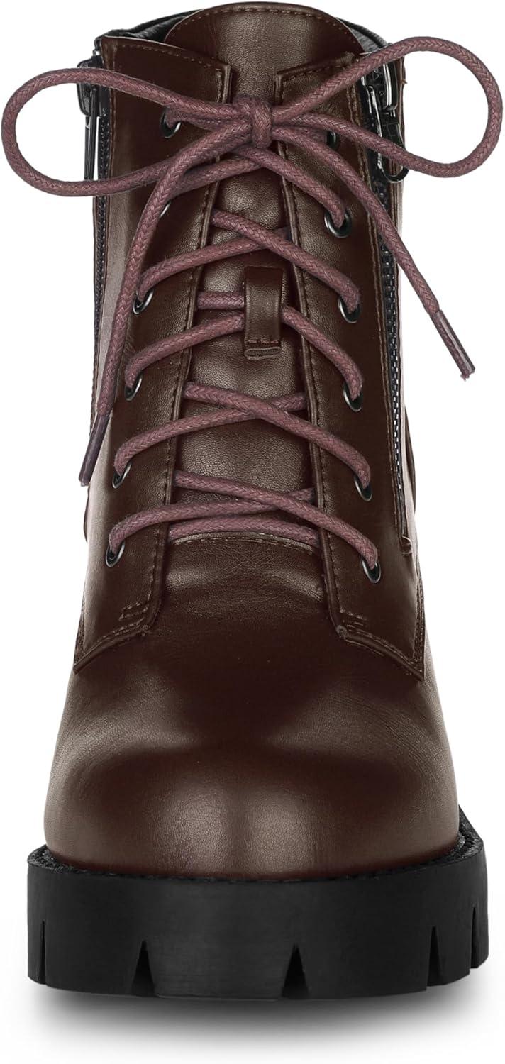 imageAllegra K Womens Round Toe Chunky Heel Lace Up Zipper Coffee Combat Boots 10 M US
