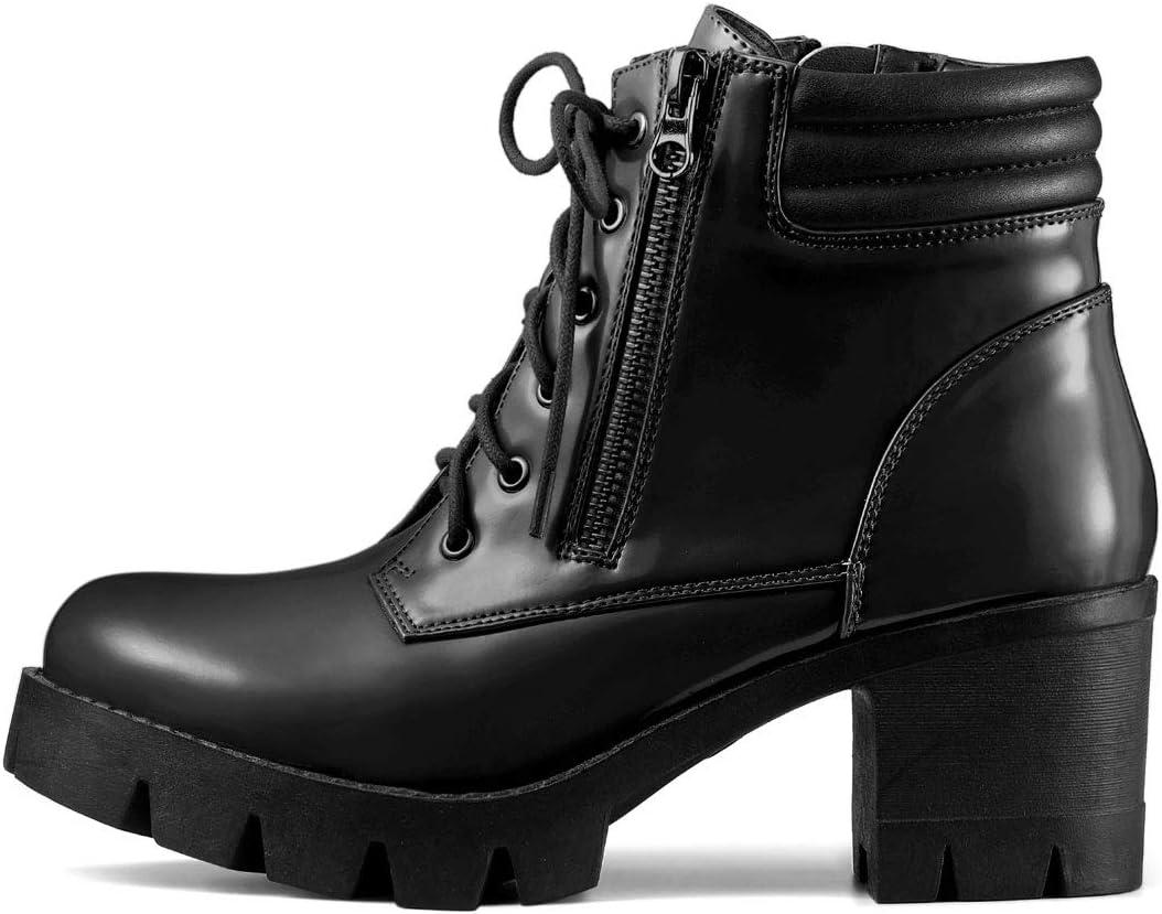 imageAllegra K Womens Round Toe Chunky Heel Lace Up Zipper Combat BootsBlack
