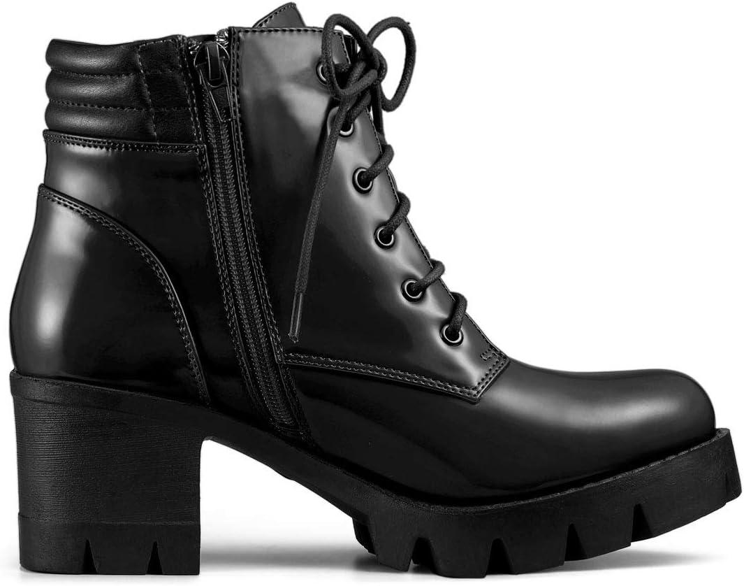 imageAllegra K Womens Round Toe Chunky Heel Lace Up Zipper Combat BootsBlack