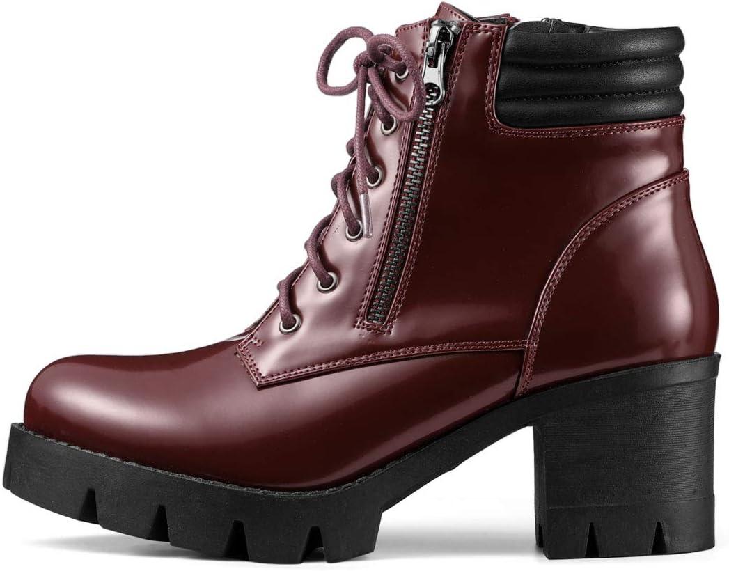 imageAllegra K Womens Round Toe Chunky Heel Lace Up Zipper Combat BootsBurgundy
