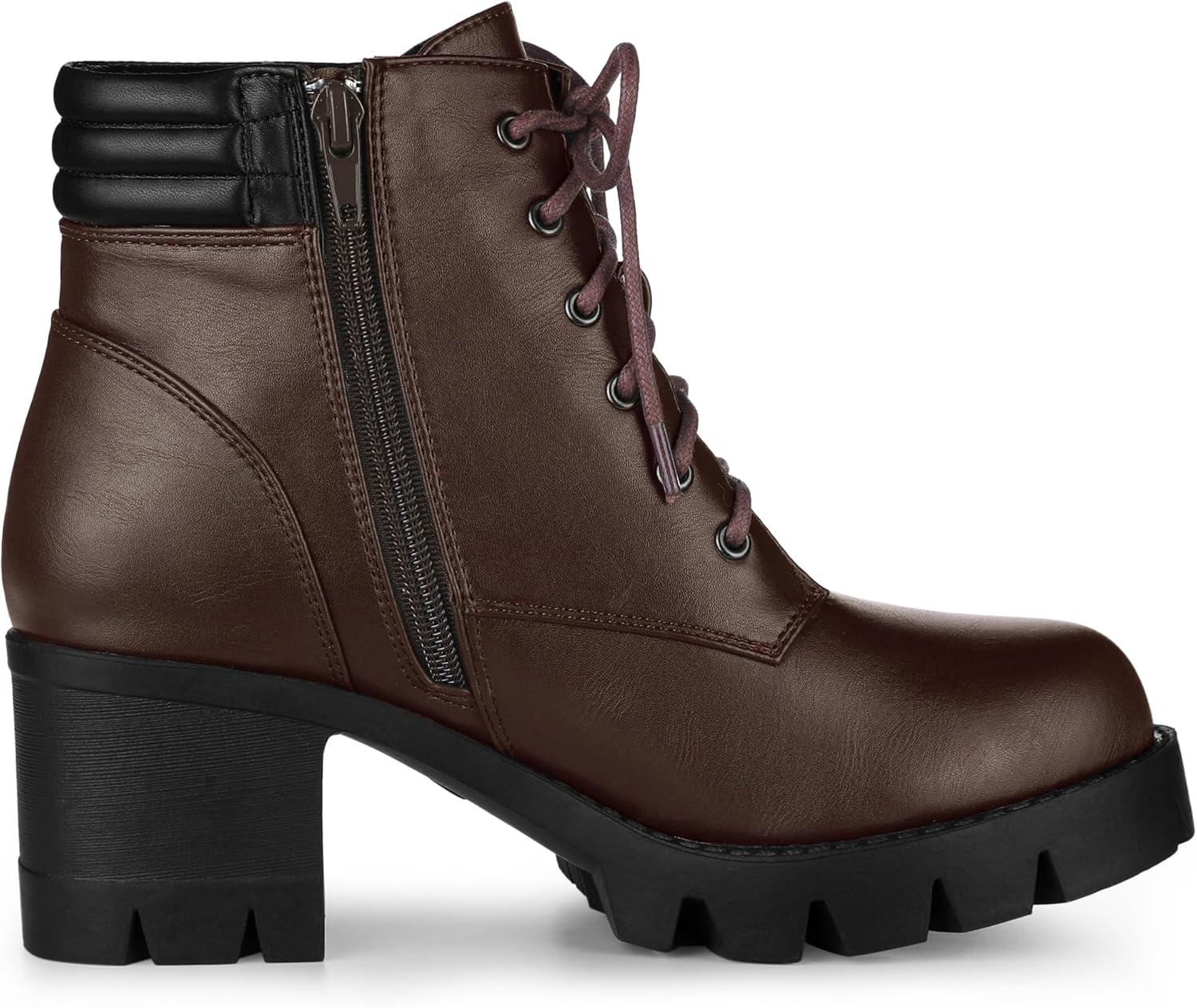 imageAllegra K Womens Round Toe Chunky Heel Lace Up Zipper Combat BootsCoffee