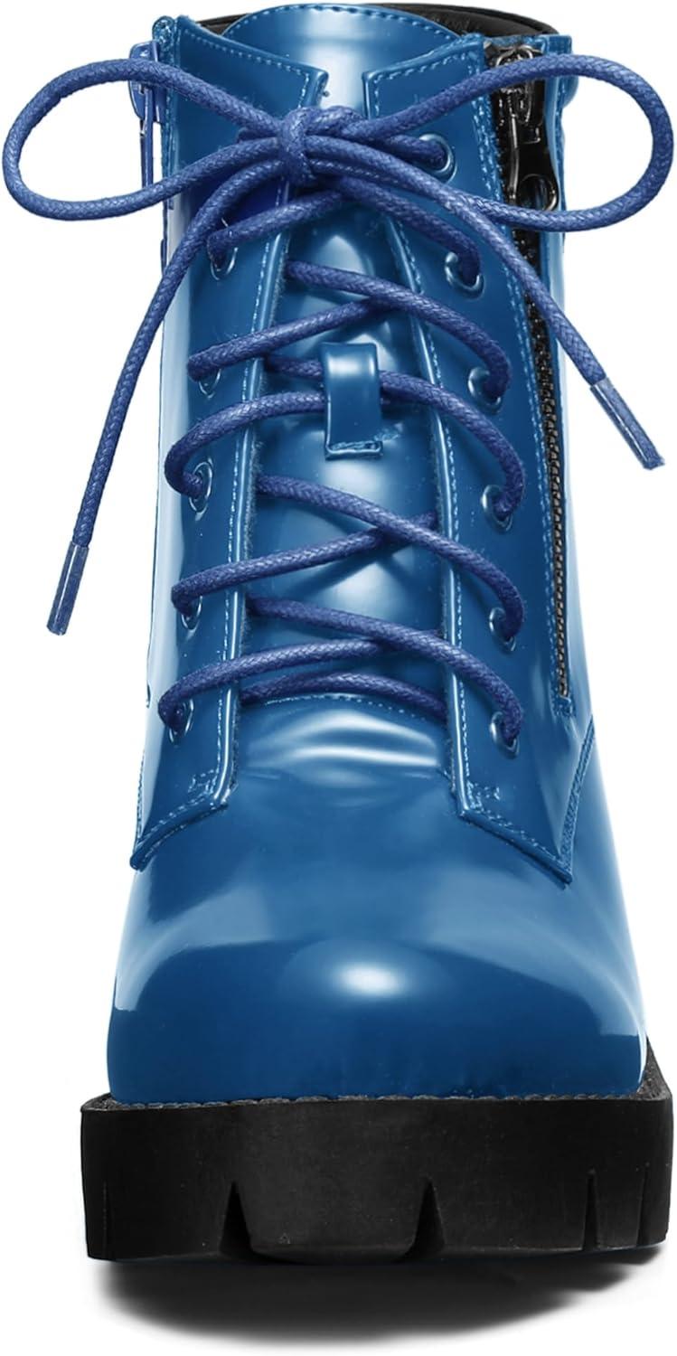 imageAllegra K Womens Round Toe Chunky Heel Lace Up Zipper Combat BootsDark Blue