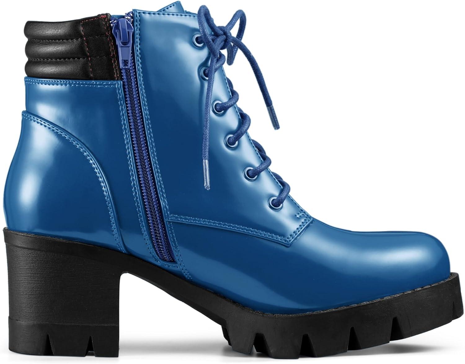 imageAllegra K Womens Round Toe Chunky Heel Lace Up Zipper Combat BootsDark Blue