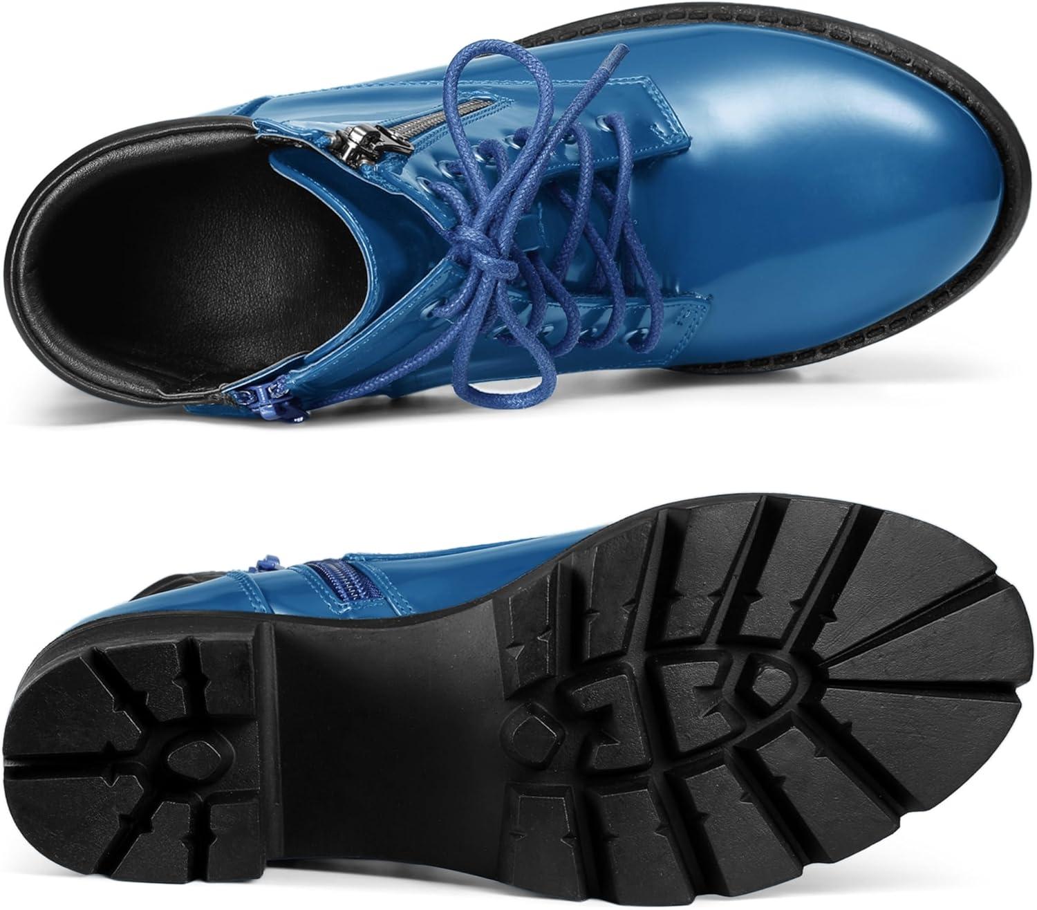 imageAllegra K Womens Round Toe Chunky Heel Lace Up Zipper Combat BootsDark Blue