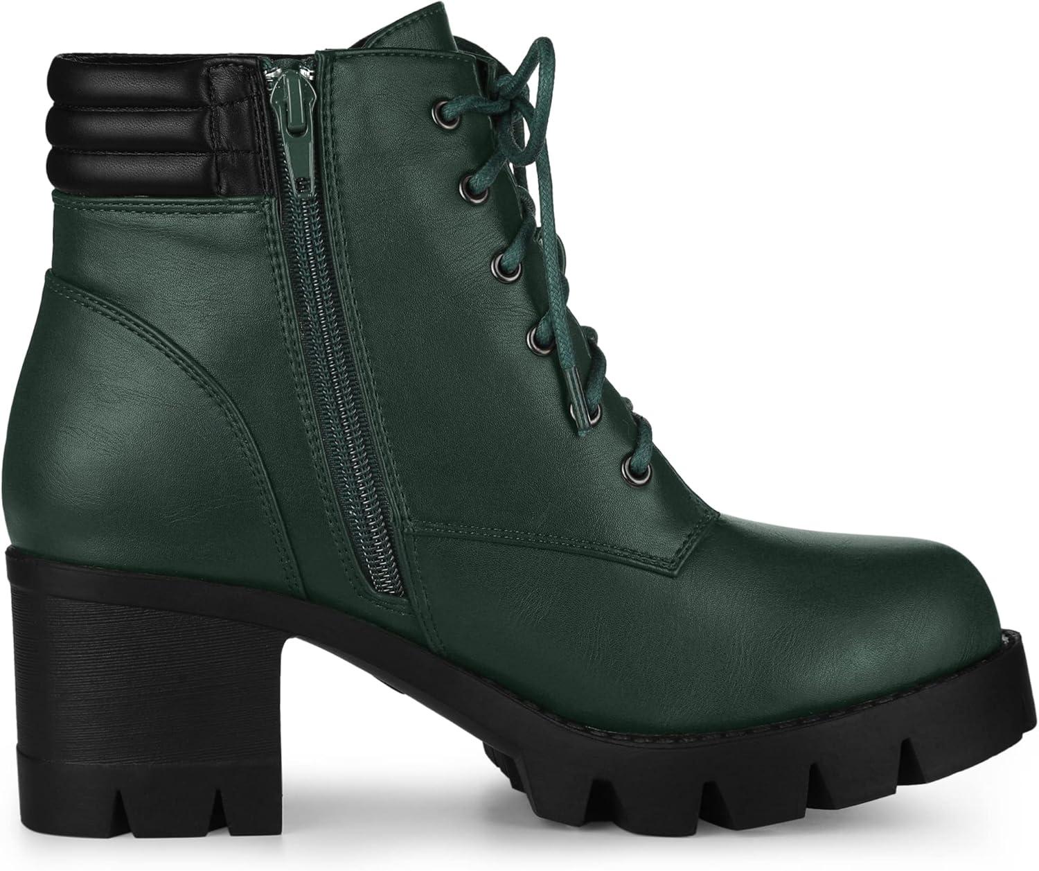 imageAllegra K Womens Round Toe Chunky Heel Lace Up Zipper Combat BootsDark Green