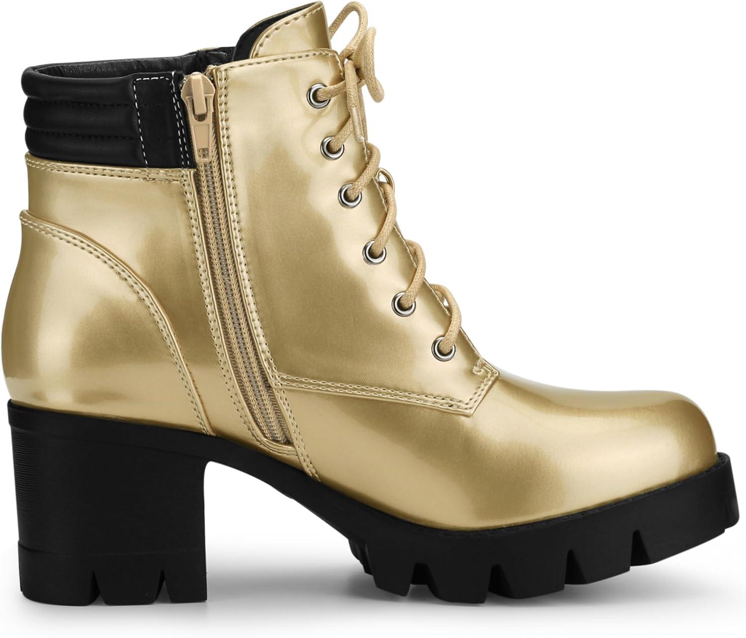 imageAllegra K Womens Round Toe Chunky Heel Lace Up Zipper Combat BootsGold