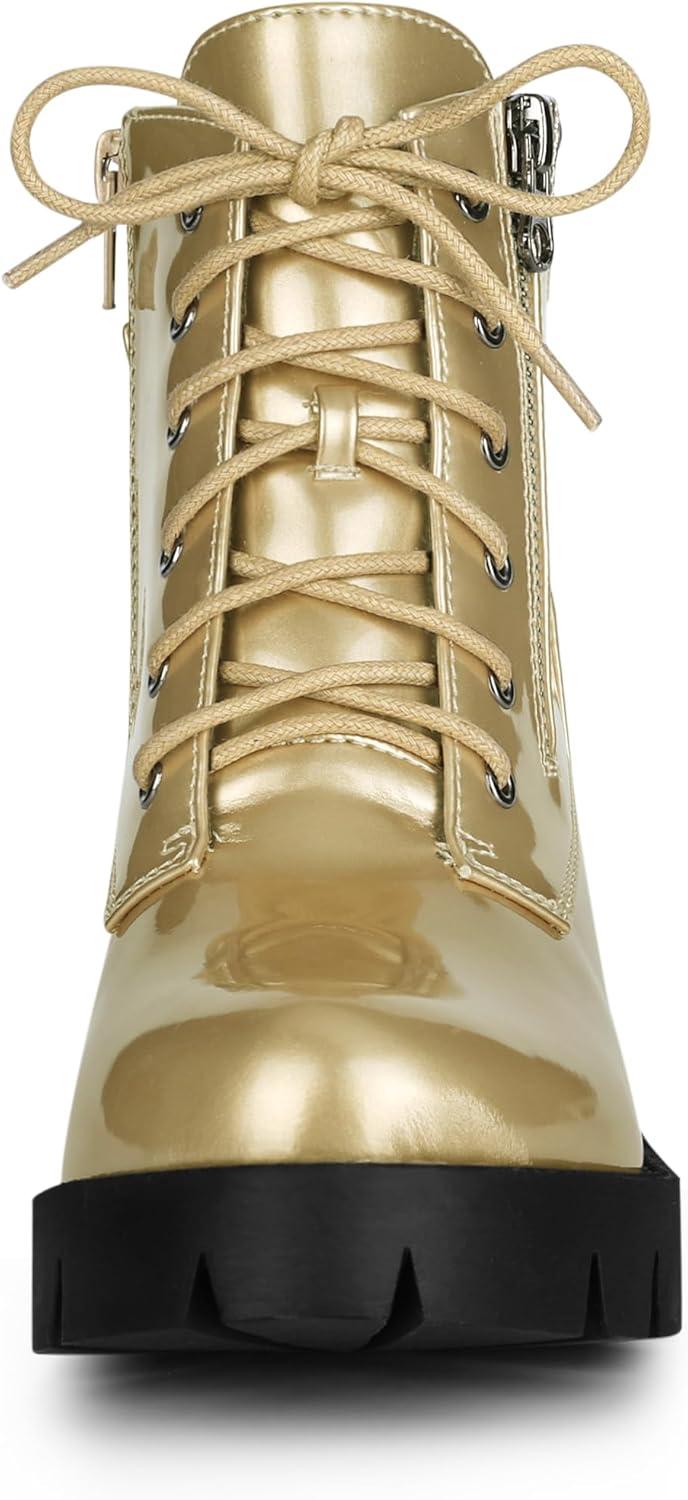 imageAllegra K Womens Round Toe Chunky Heel Lace Up Zipper Combat BootsGold